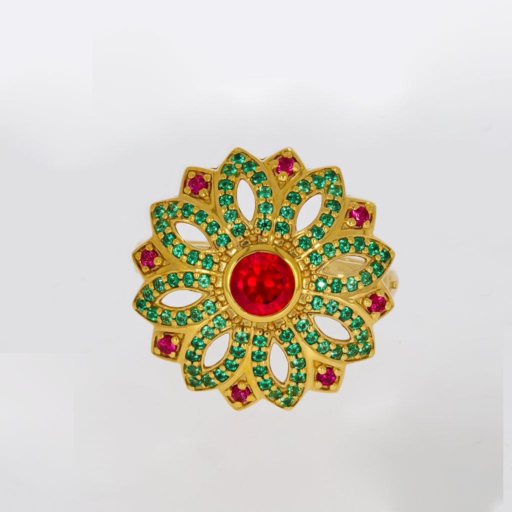 Flower Design with Red and Green Stones on Gold-plated Ring