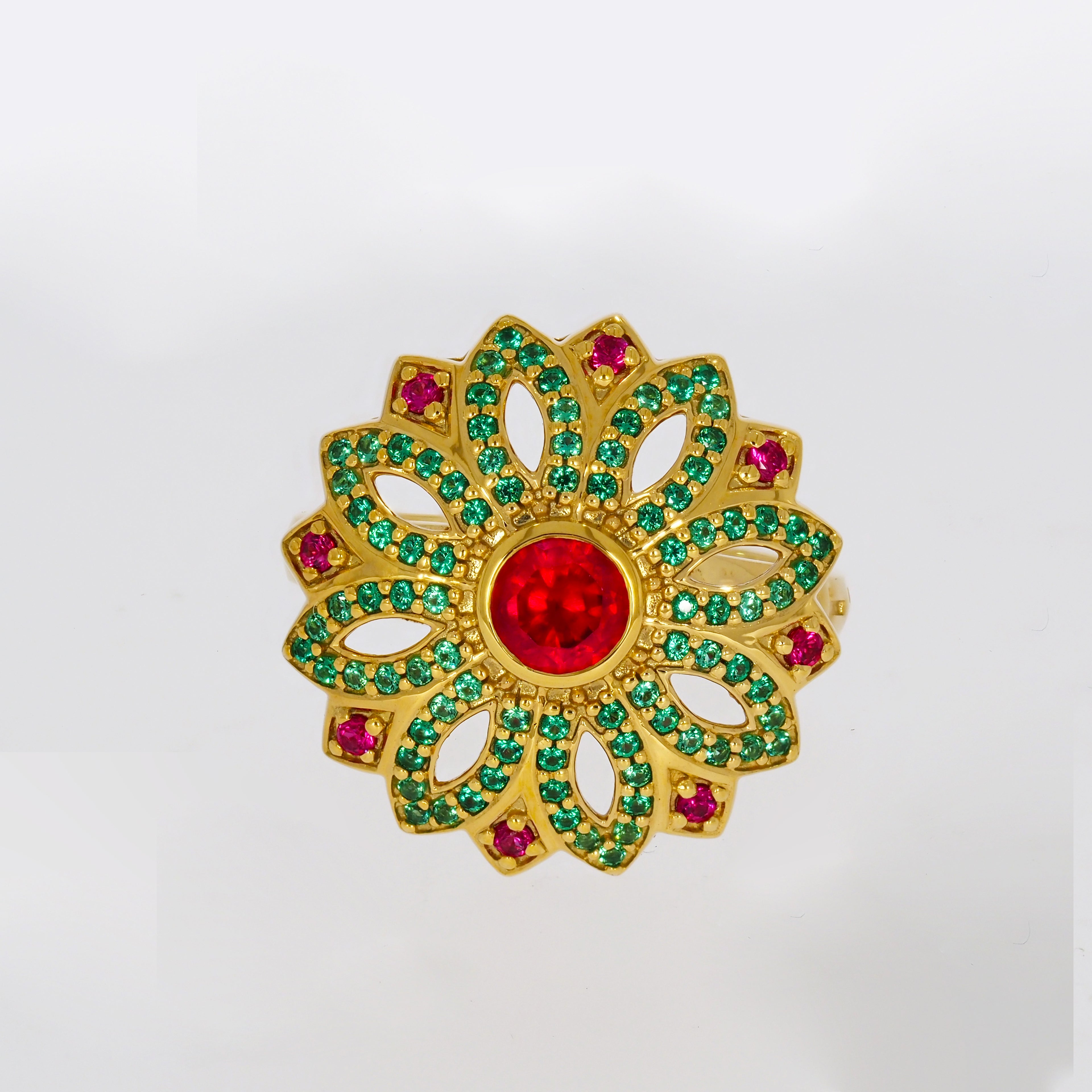 Flower Design with Red and Green Stones on Gold-plated Ring