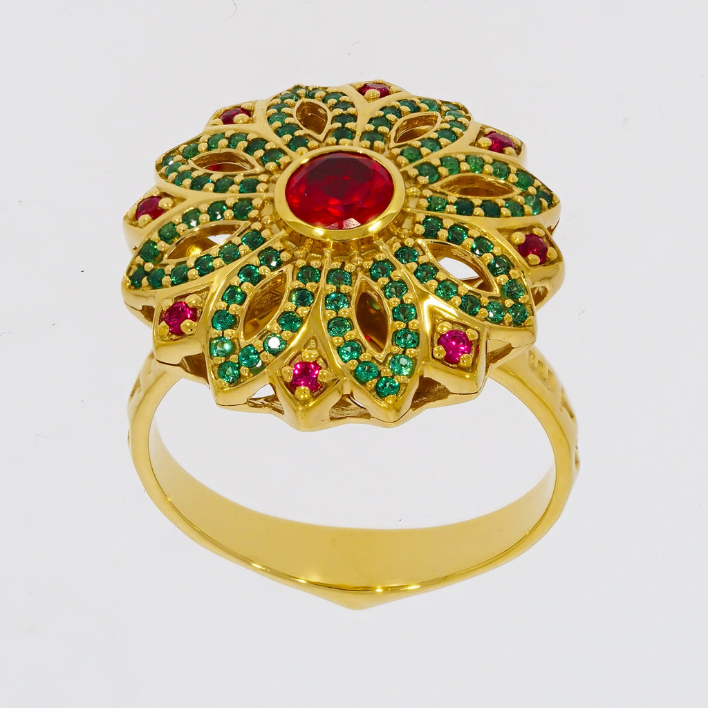 Flower Design with Red and Green Stones on Gold-plated Ring