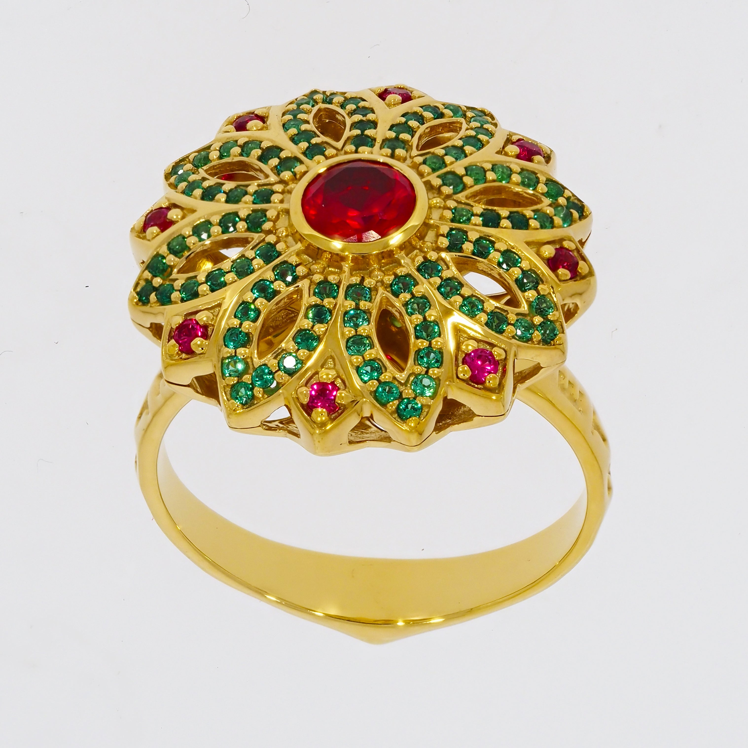 Flower Design with Red and Green Stones on Gold-plated Ring