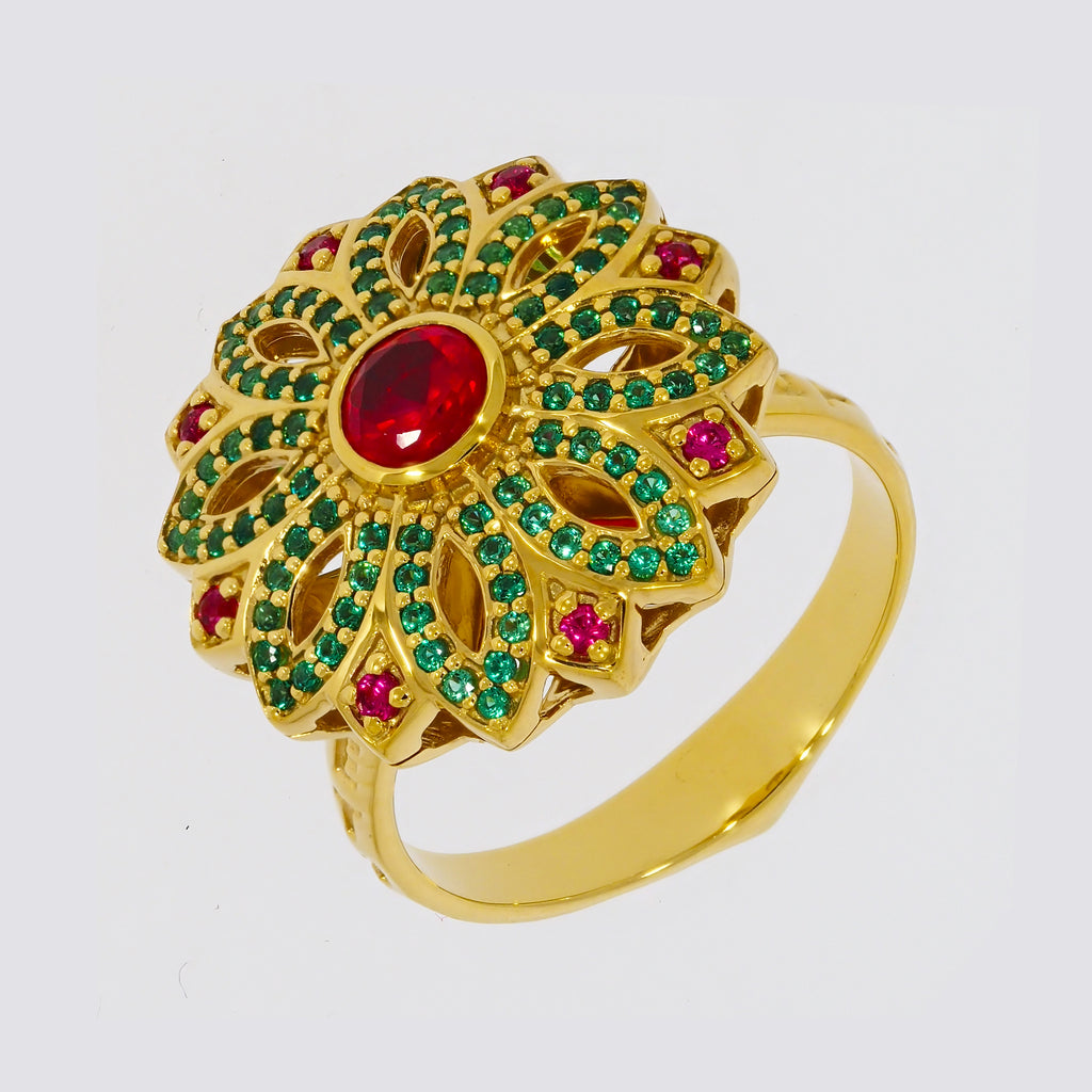 Flower Design with Red and Green Stones on Gold-plated Ring