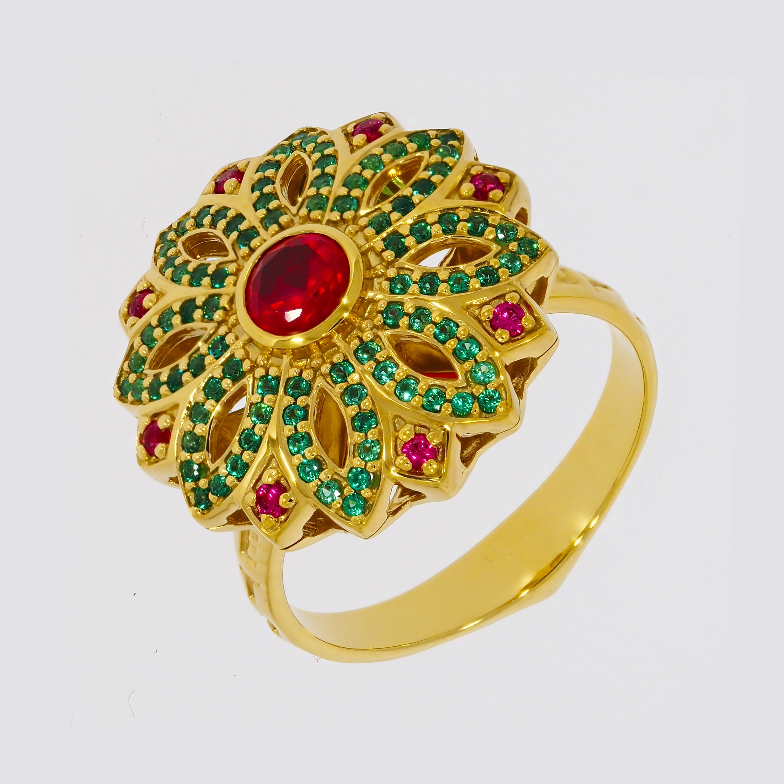Flower Design with Red and Green Stones on Gold-plated Ring