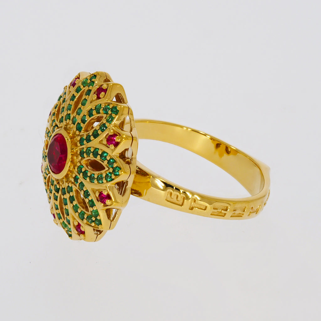 Flower Design with Red and Green Stones on Gold-plated Ring