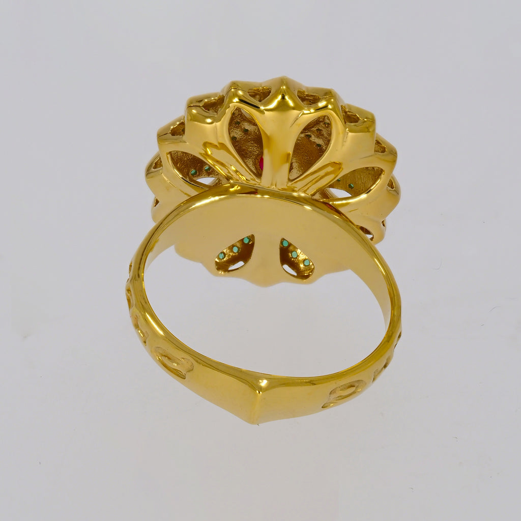 Flower Design with Red and Green Stones on Gold-plated Ring