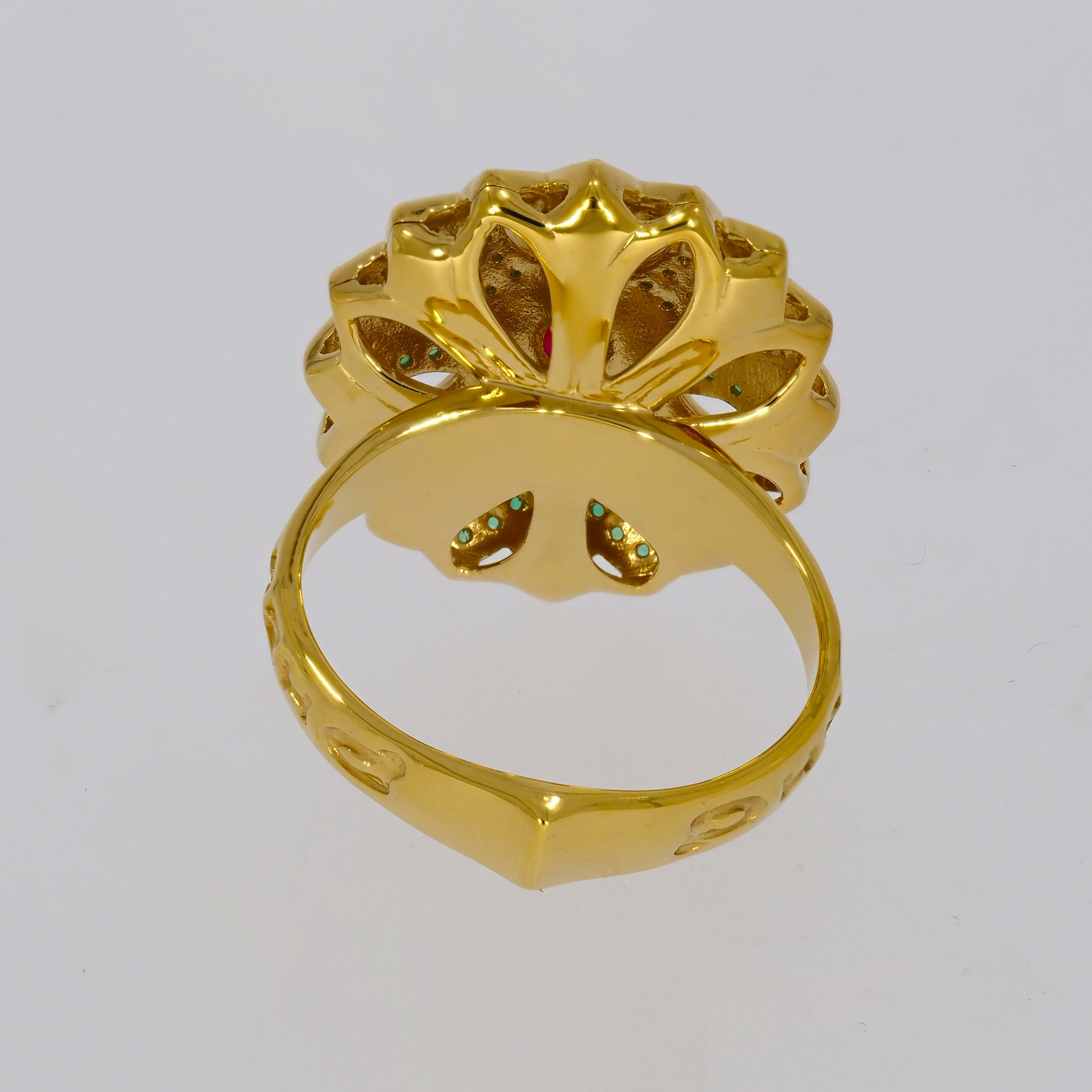 Flower Design with Red and Green Stones on Gold-plated Ring