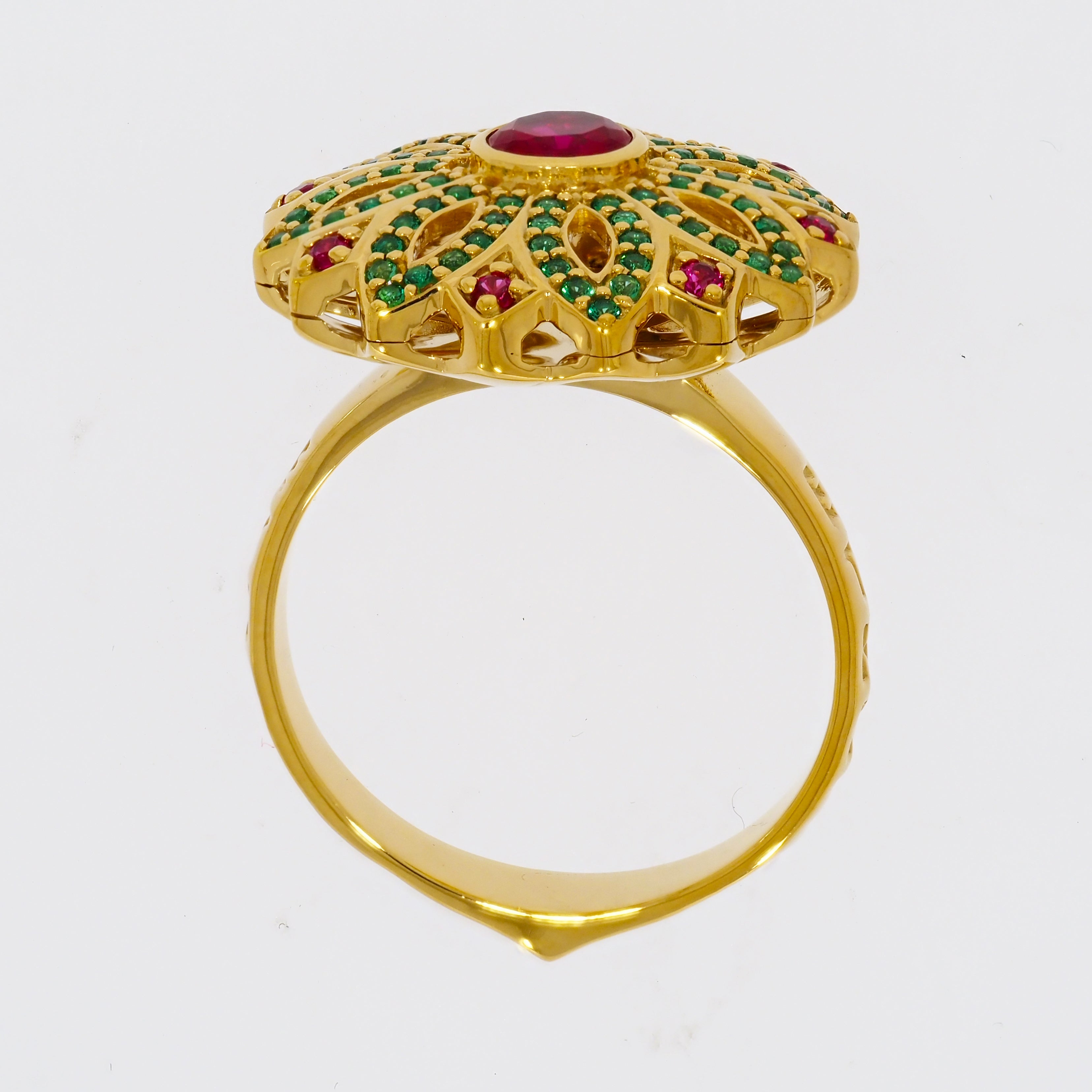 Flower Design with Red and Green Stones on Gold-plated Ring