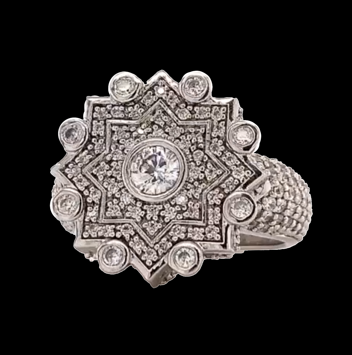 Cent Silver Colored Stones Bedecked Ancient Design Ring