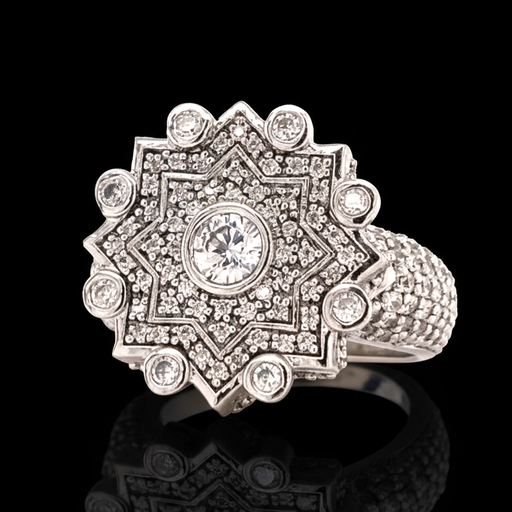 Cent Silver Colored Stones Bedecked Ancient Design Ring