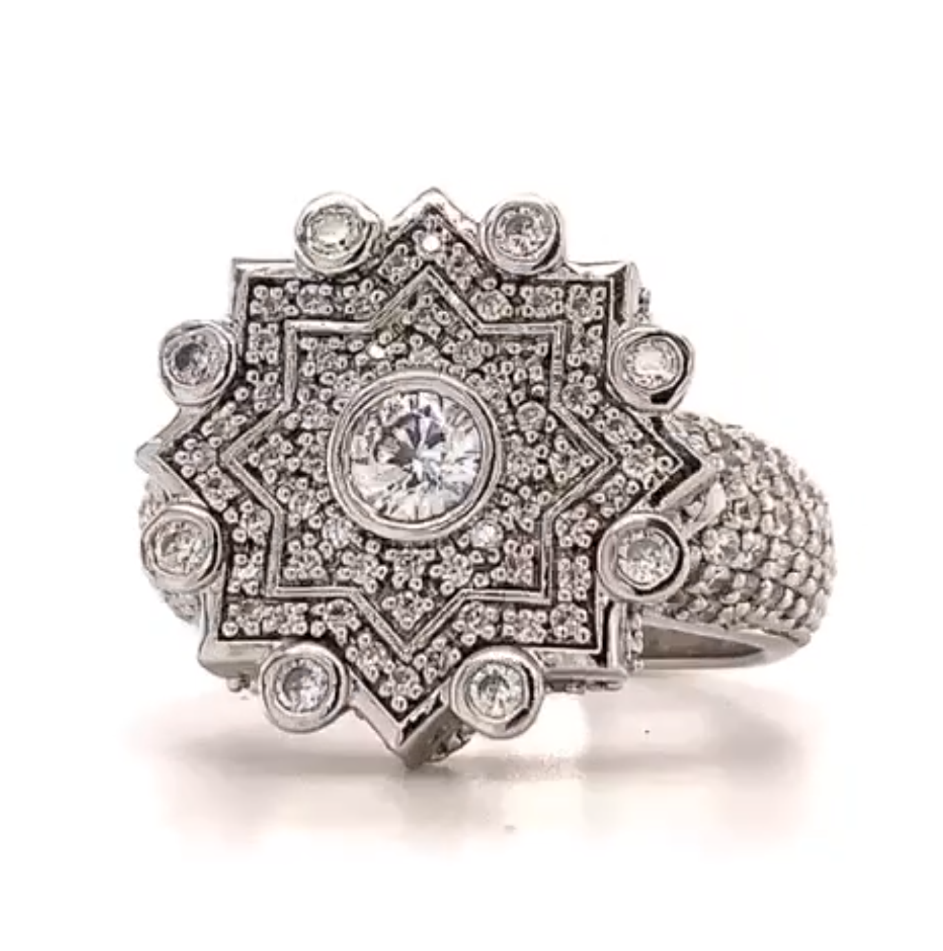 Cent Silver Colored Stones Bedecked Ancient Design Ring