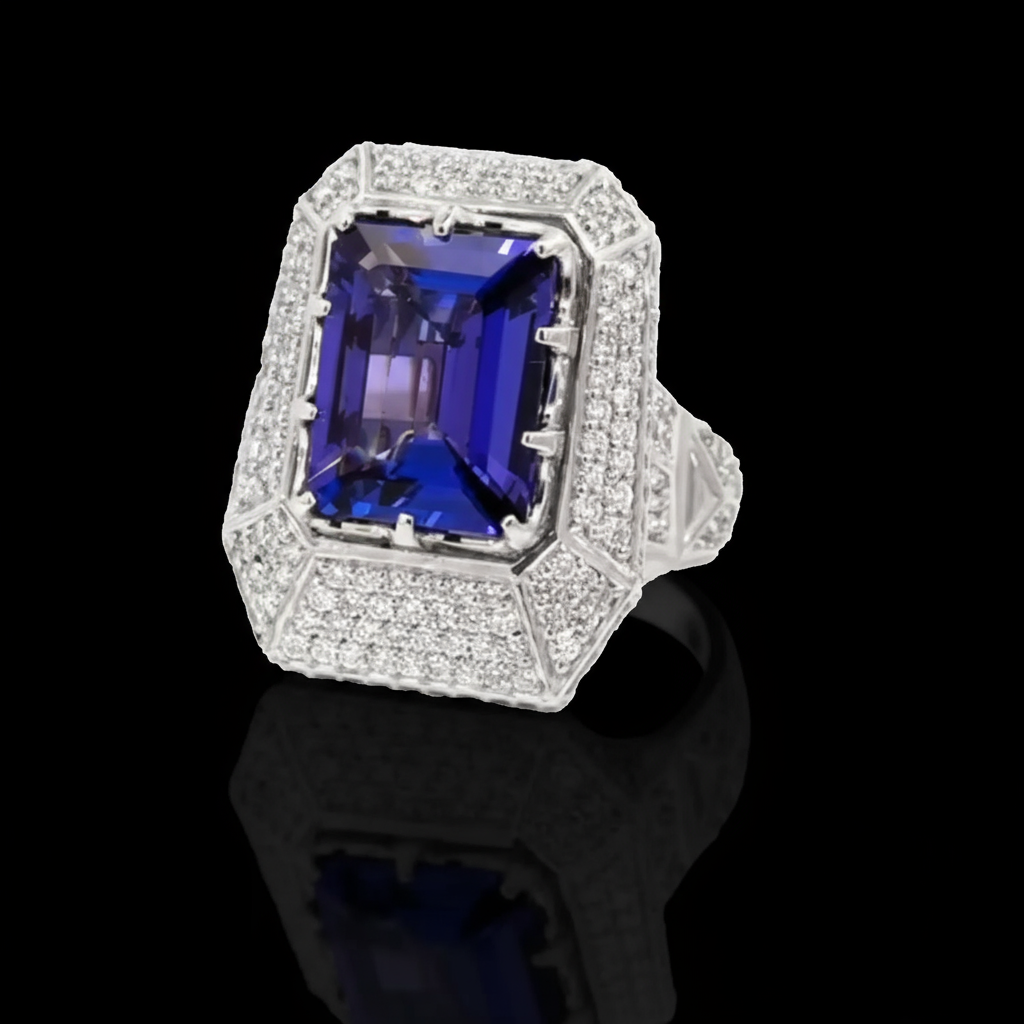 Elegant Giant Ring Full of Diamond Like Stones Surrounding the Blue Rectangle Stone