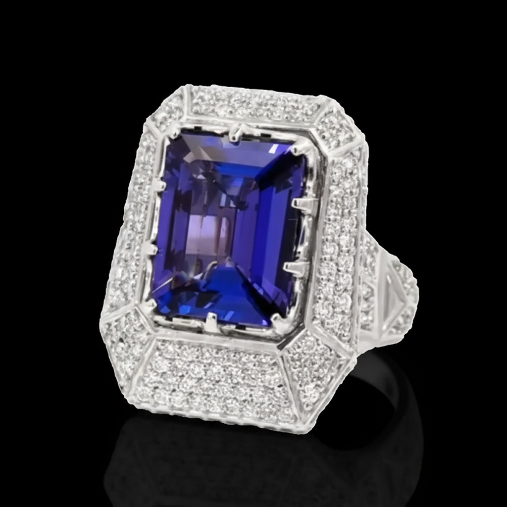 Elegant Giant Ring Full of Diamond Like Stones Surrounding the Blue Rectangle Stone