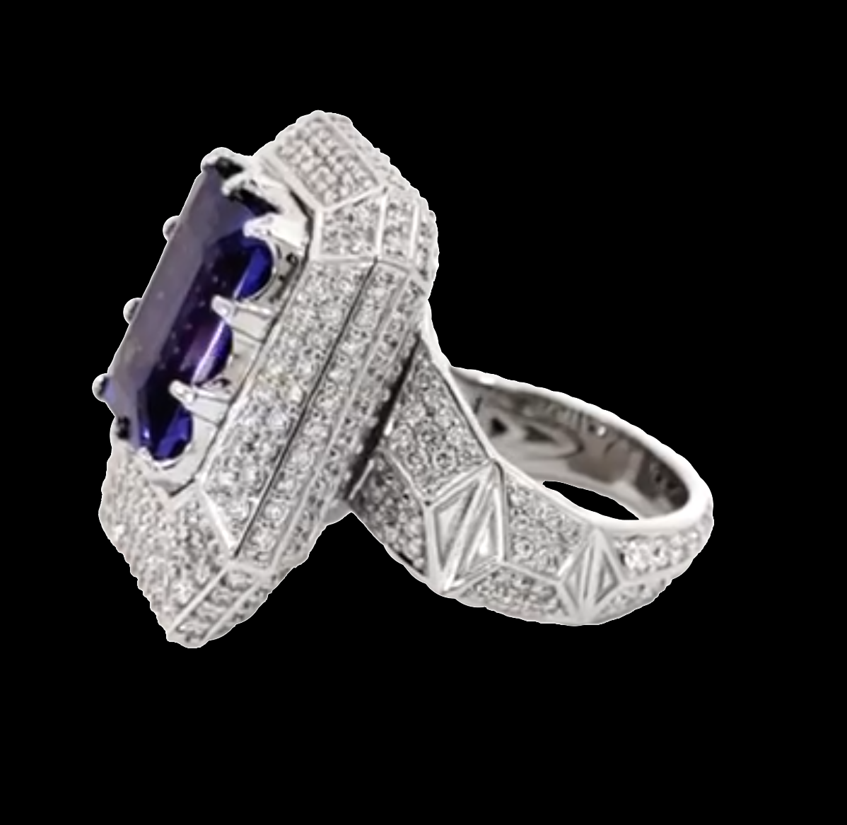 Elegant Giant Ring Full of Diamond Like Stones Surrounding the Blue Rectangle Stone