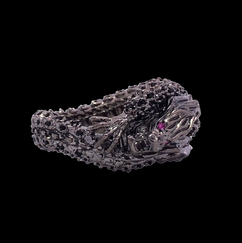 Furious Dragon on a Ring with Dark Metal and Stones