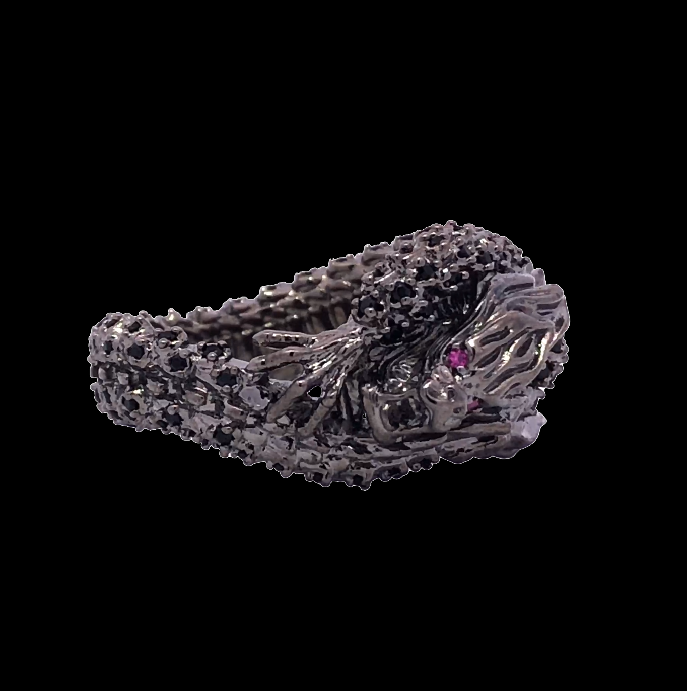 Furious Dragon on a Ring with Dark Metal and Stones