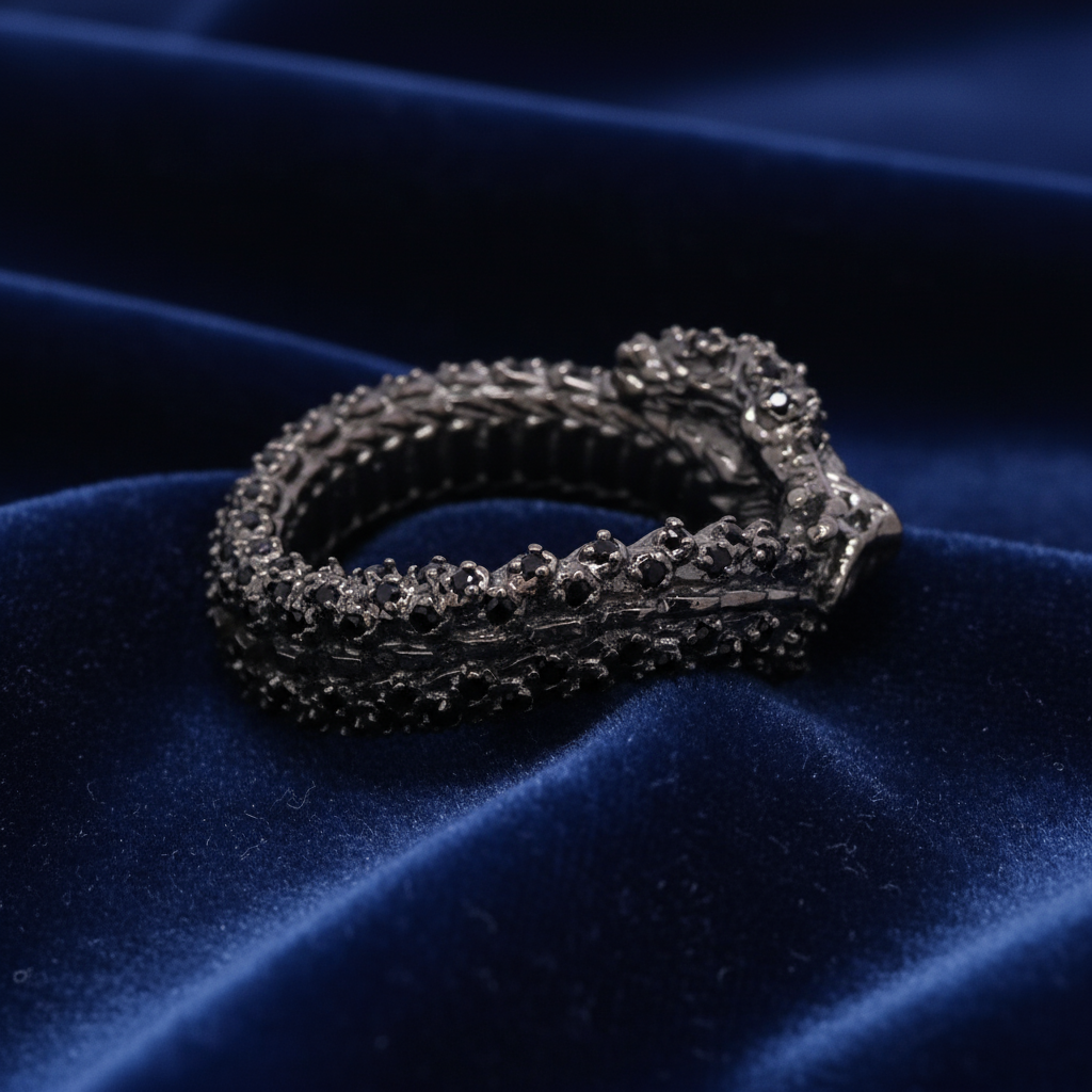 Furious Dragon on a Ring with Dark Metal and Stones