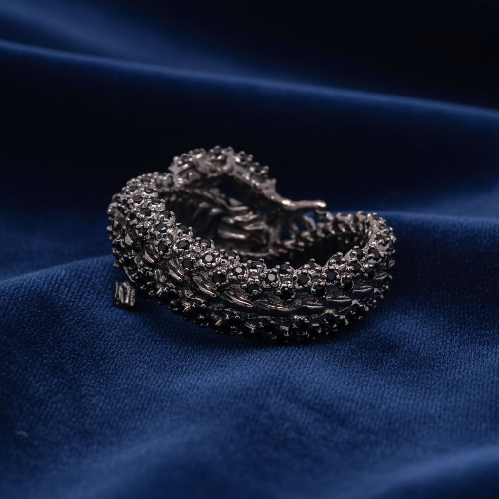 Furious Dragon on a Ring with Dark Metal and Stones