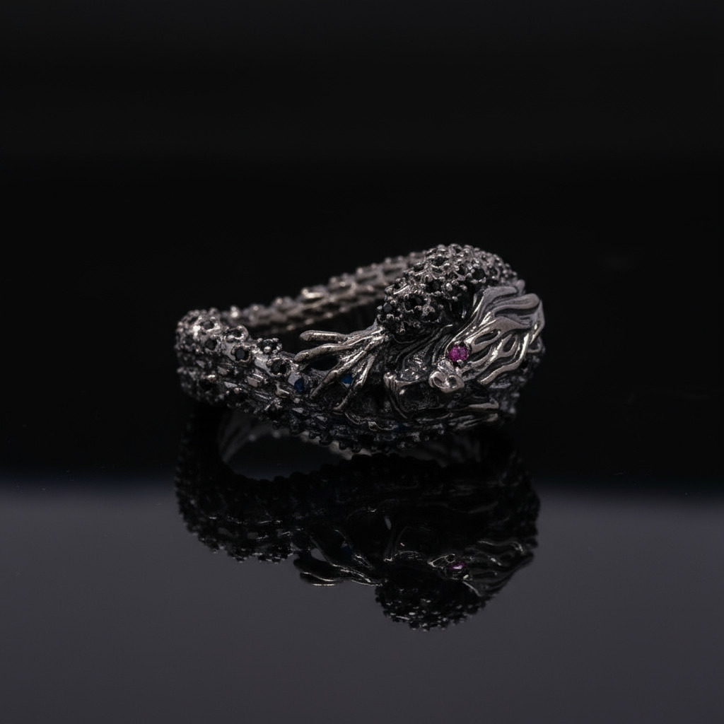 Furious Dragon on a Ring with Dark Metal and Stones