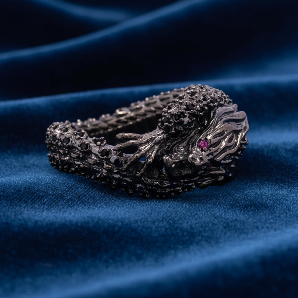 Furious Dragon on a Ring with Dark Metal and Stones