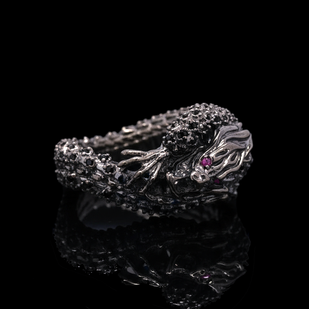 Furious Dragon on a Ring with Dark Metal and Stones
