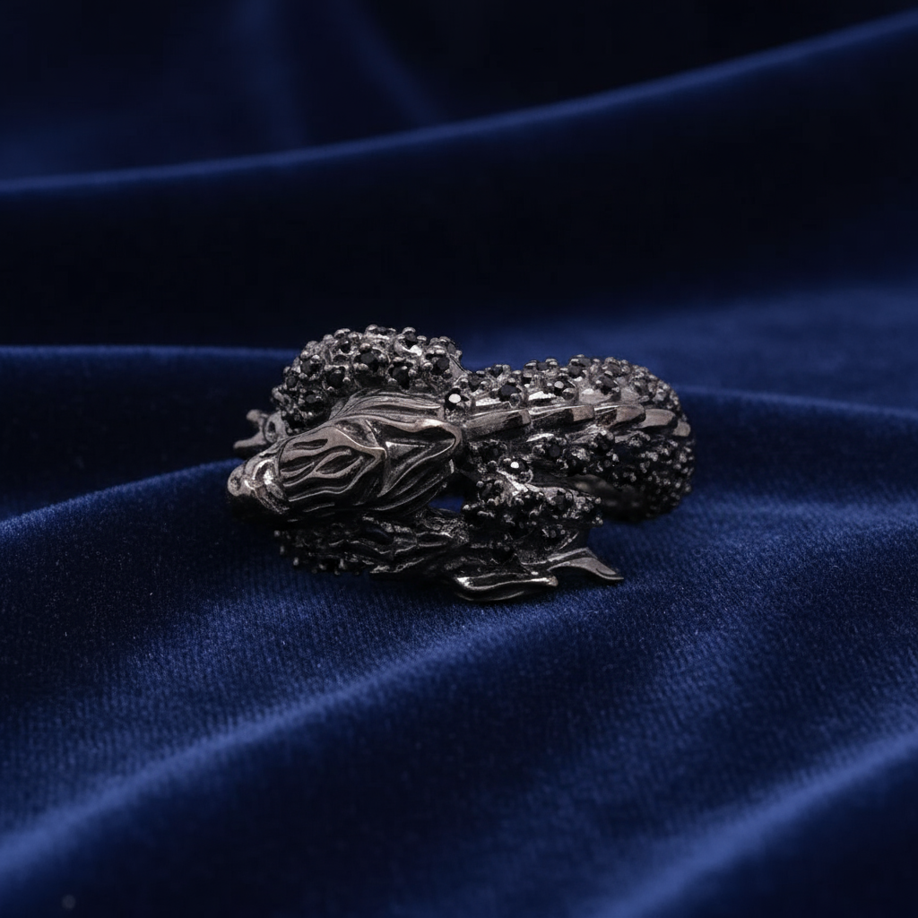 Furious Dragon on a Ring with Dark Metal and Stones
