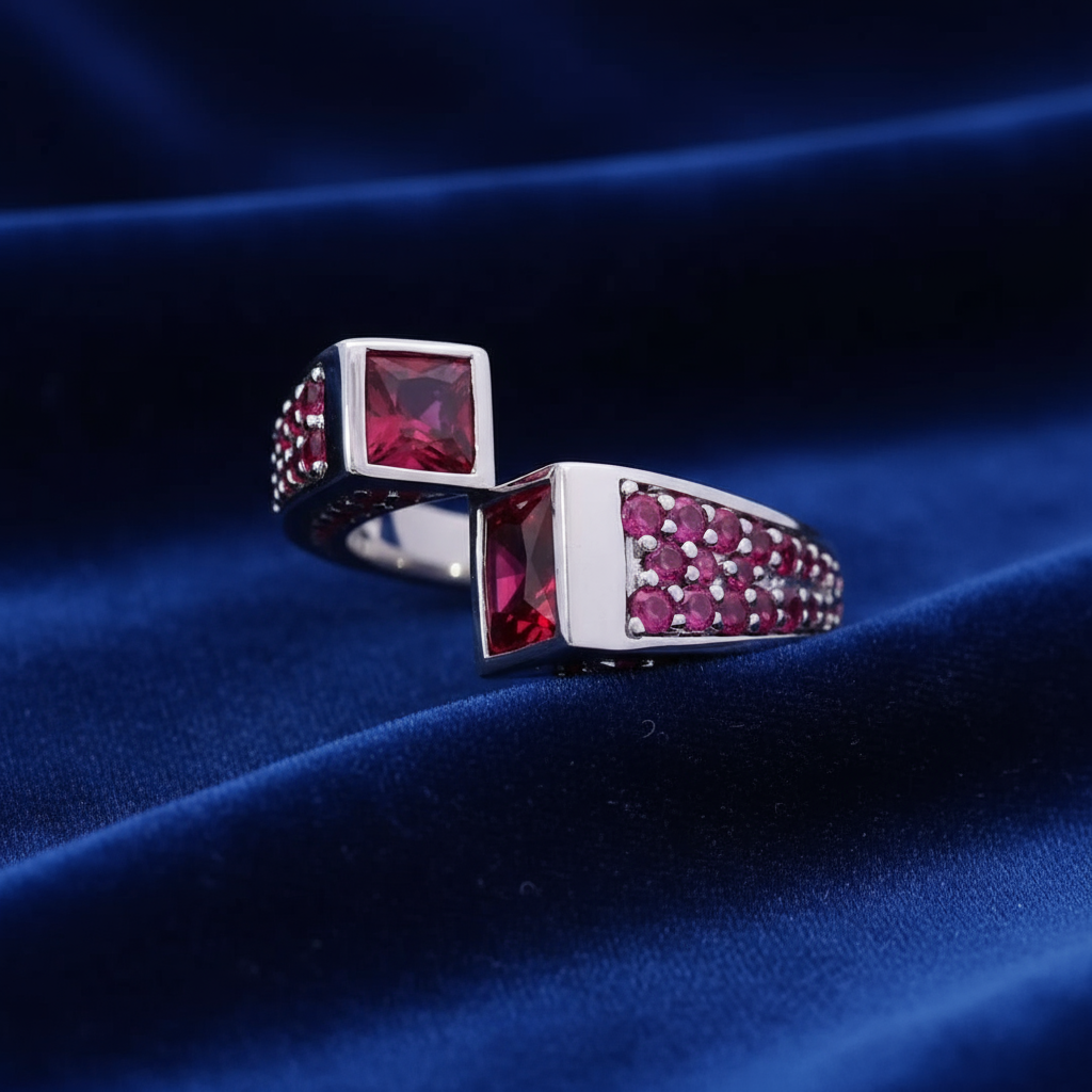 Modern Fashion Ring Sqaure Horn Shaped with Made Purplish Emeralds