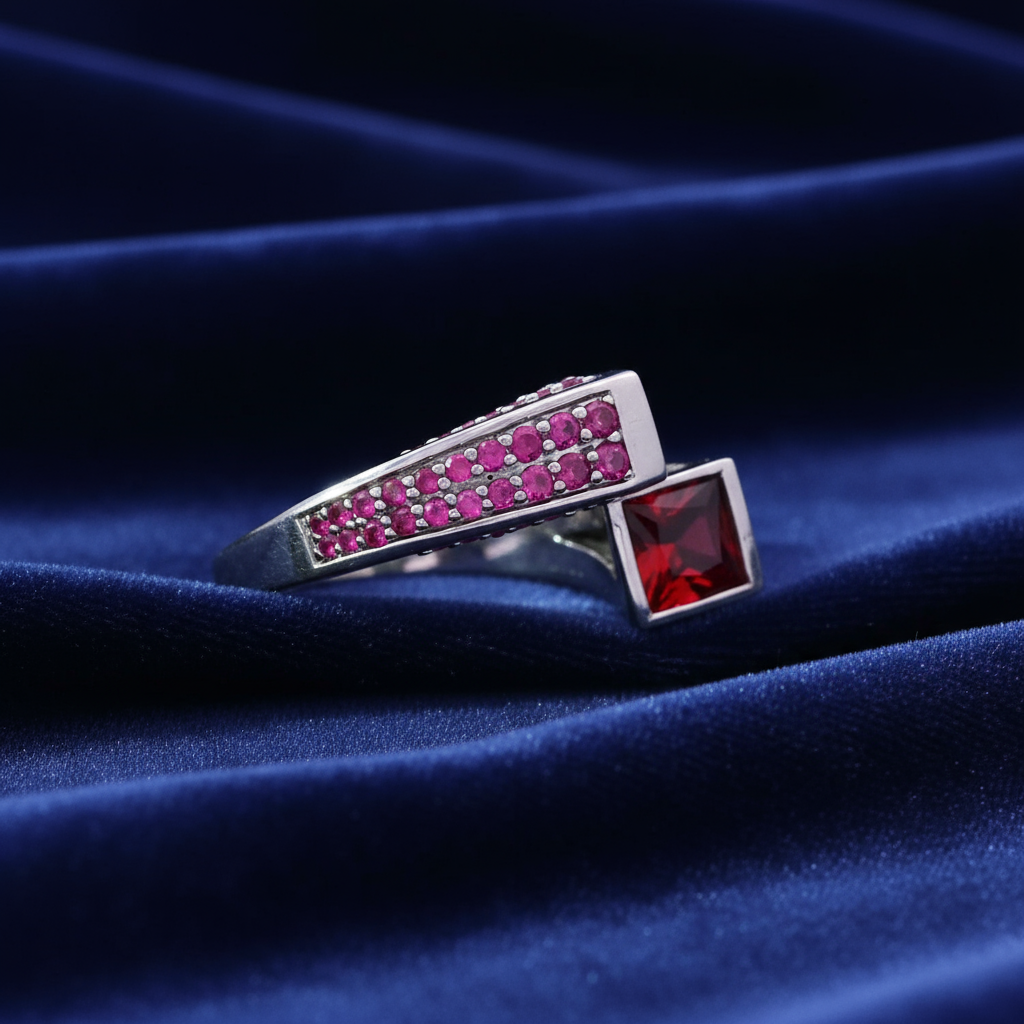 Modern Fashion Ring Sqaure Horn Shaped with Made Purplish Emeralds