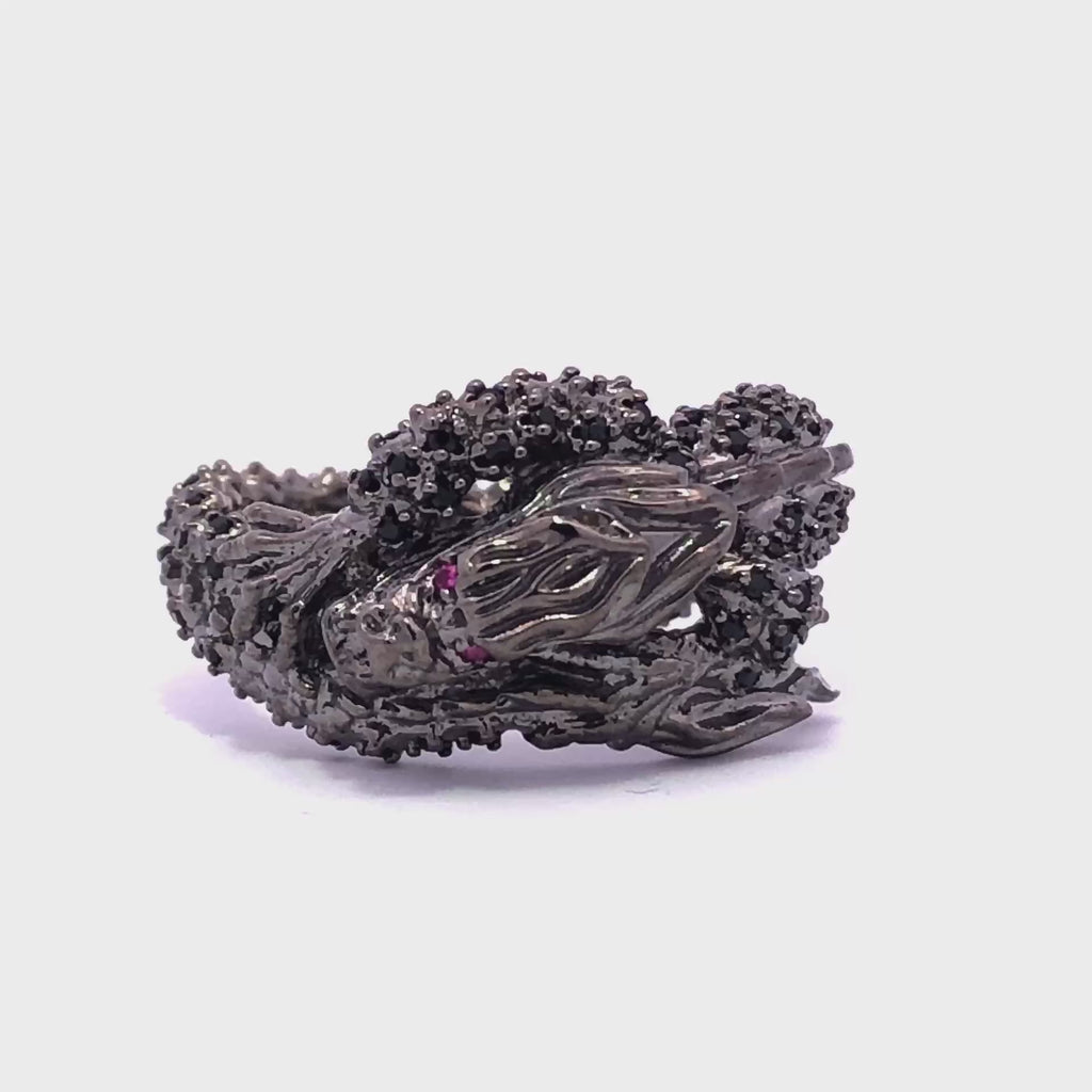 Furious Dragon on a Ring with Dark Metal and Stones