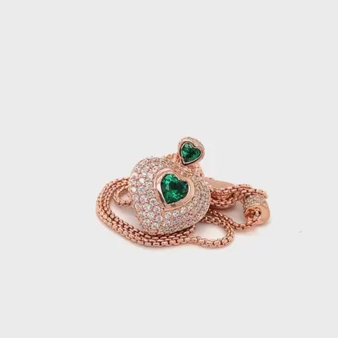 Copper-plated Chain Holding Heart Shaped with Two Green Heart Stones