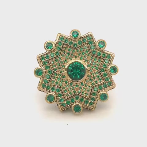 Green Stone Bedecked Ancient Design Gold-plated Brooch