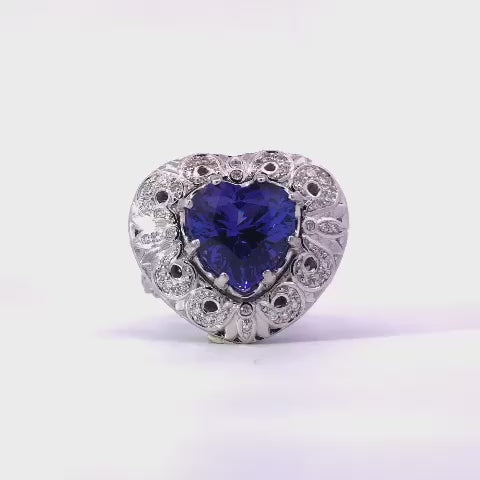 Wide Heart Shaped Platimun Ring with Blue Stones