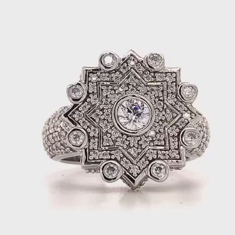 Cent Silver Colored Stones Bedecked Ancient Design Ring